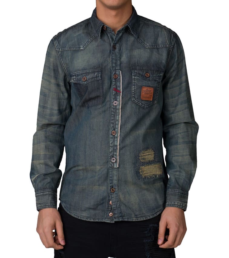 Heritage Denim Button Down Rips And Patches Shirt (Blue) - HAWT032 ...