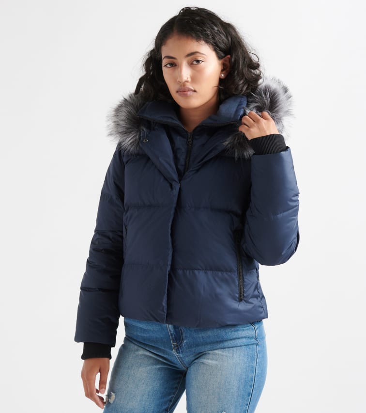 The North Face Dealio Down Crop Jacket W/ Faux Fur In Urban Navy